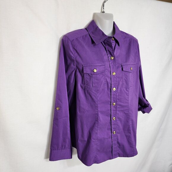 Chicos Womens Top Size 0 Small Button Up Purple Long Roll Tab Sleeve Pockets - Picture 5 of 9